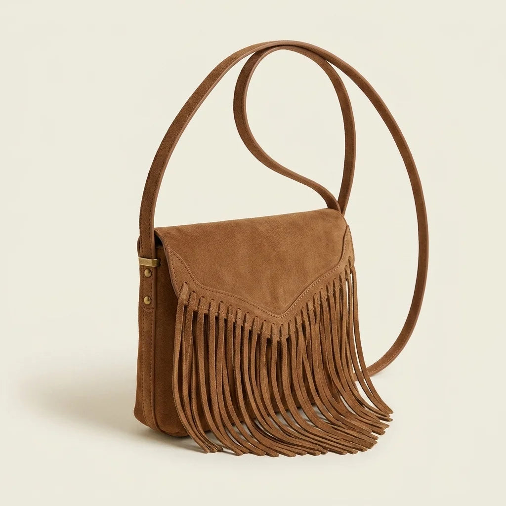 Brown mini fringe crossbody bag, three-quarter angle showing side depth