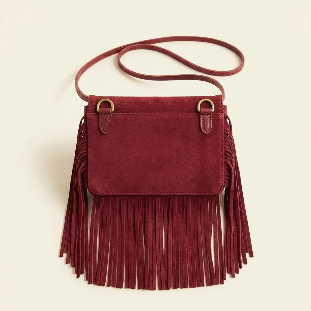 Back panel of Burgundy mini fringe crossbody bag with strap attachments