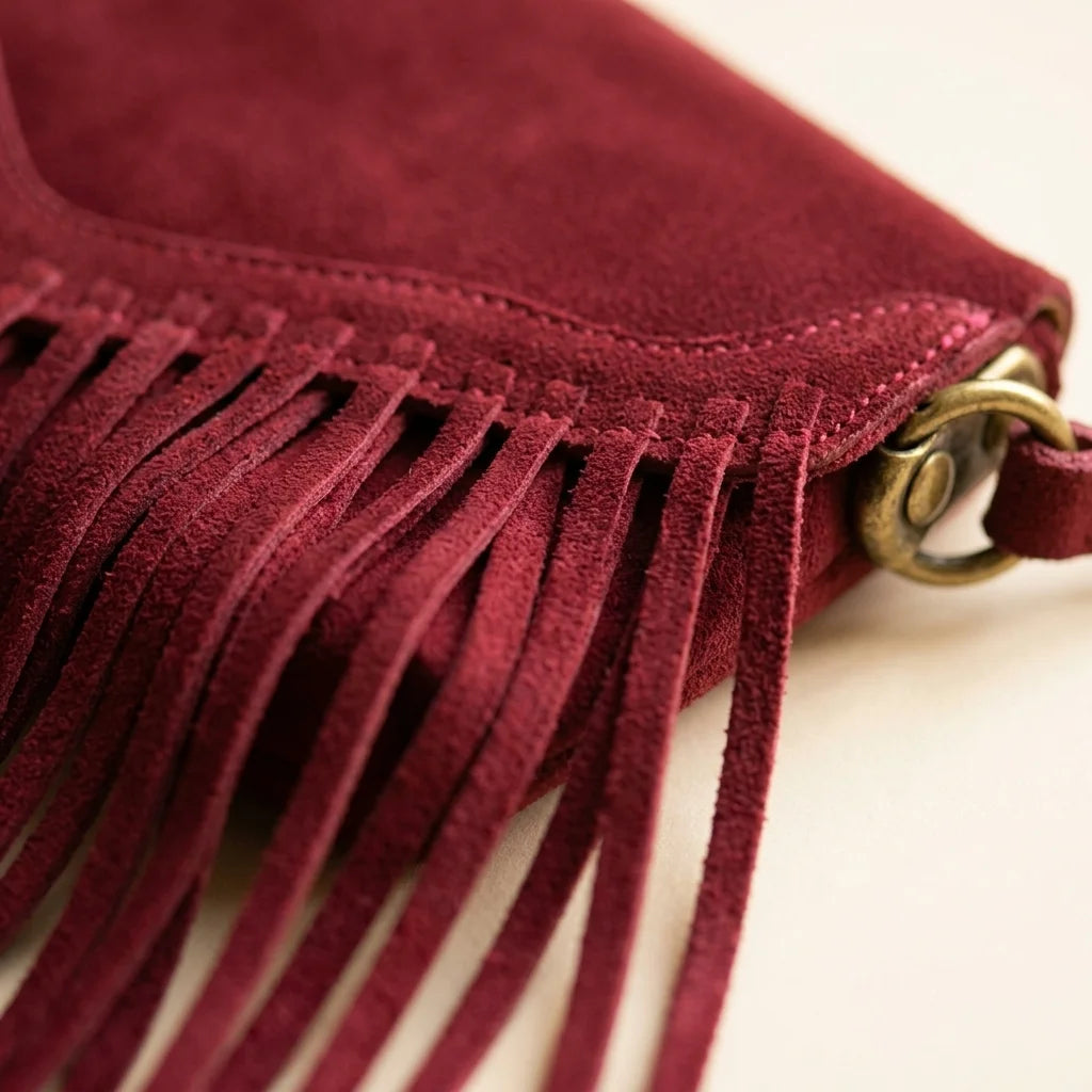 Close-up of fringe stitching and texture on Burgundy mini fringe crossbody bag