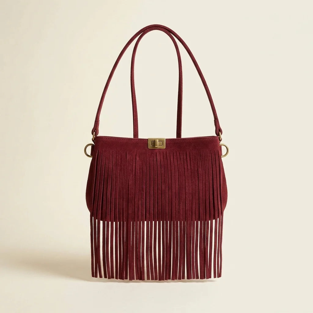 Burgundy mini fringe crossbody bag, front view