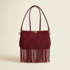 Burgundy mini fringe crossbody bag, front view