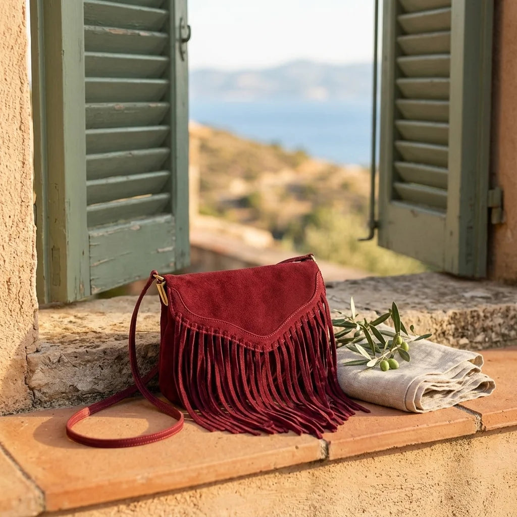 Burgundy mini fringe crossbody bag styled in a warm Mediterranean setting