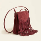 Burgundy mini fringe crossbody bag, three-quarter angle showing side depth