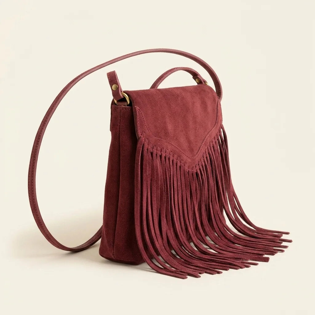 Burgundy mini fringe crossbody bag, three-quarter angle showing side depth