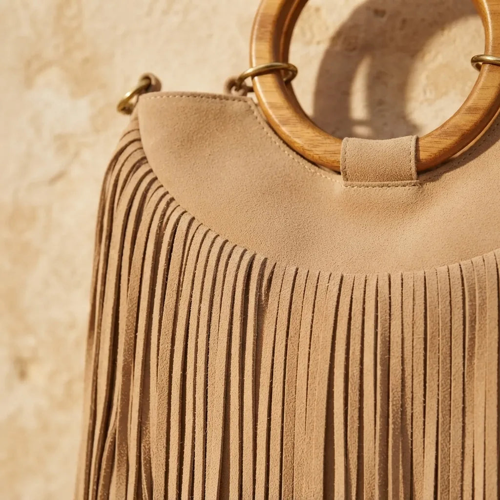 Close-up of fringe stitching and texture on Beige mini fringe shoulder bag