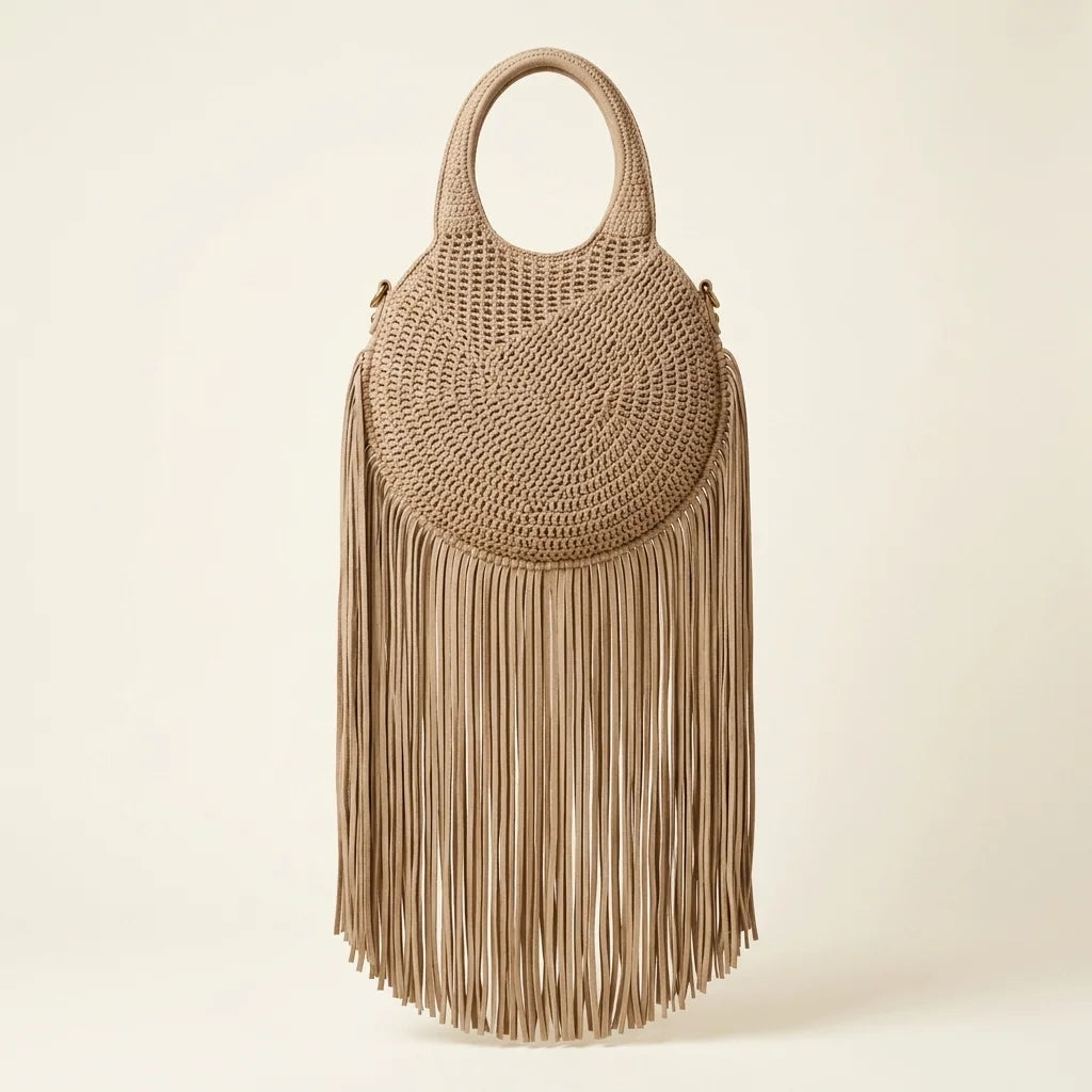 Beige mini fringe shoulder bag, front view
