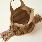 Interior lining and pockets of Beige mini fringe shoulder bag