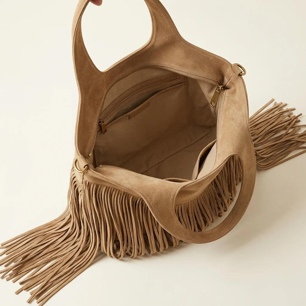 Interior lining and pockets of Beige mini fringe shoulder bag