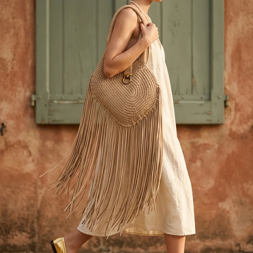 Woman wearing Beige mini fringe shoulder bag with swaying fringe