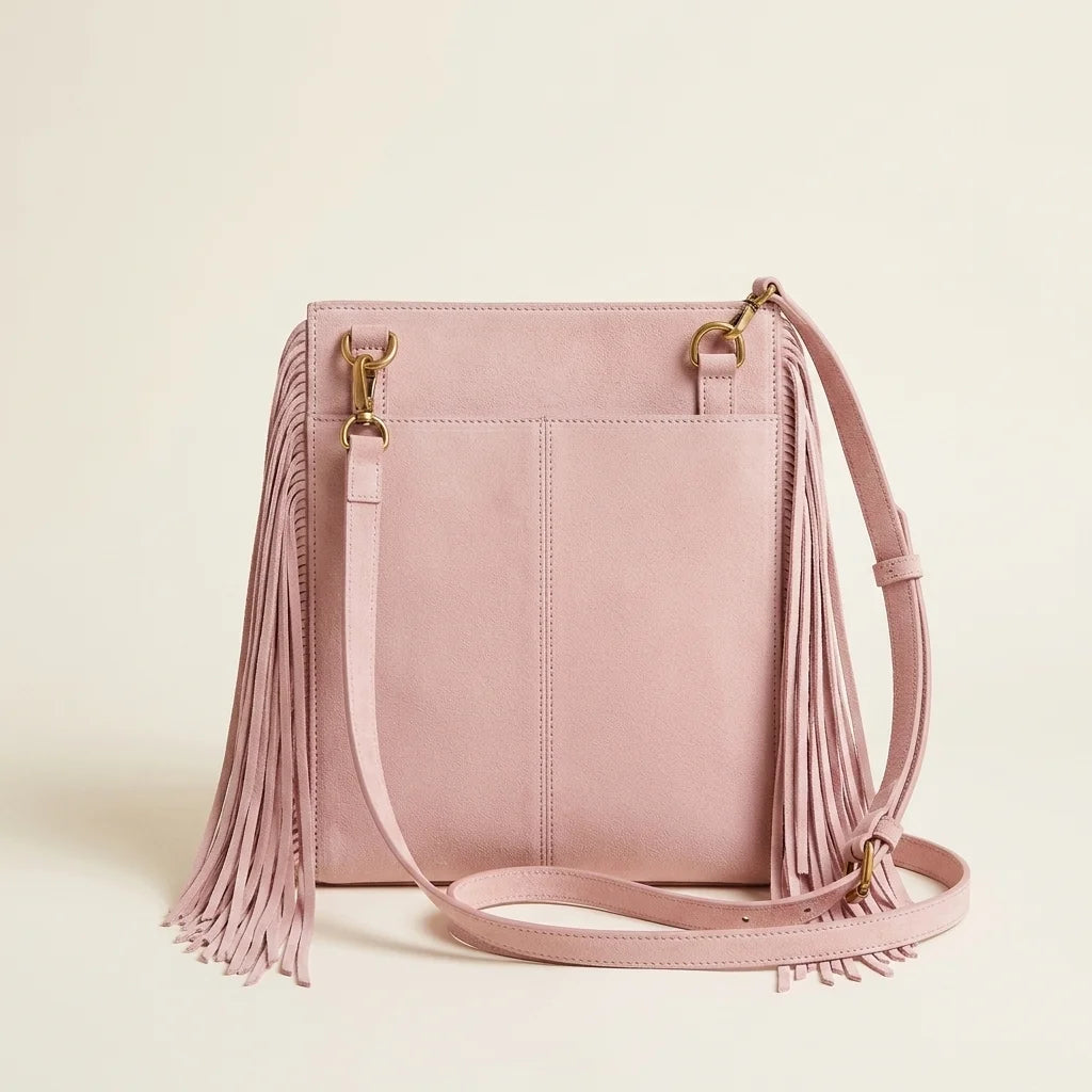 Back panel of Pink mini fringe shoulder bag with strap attachments