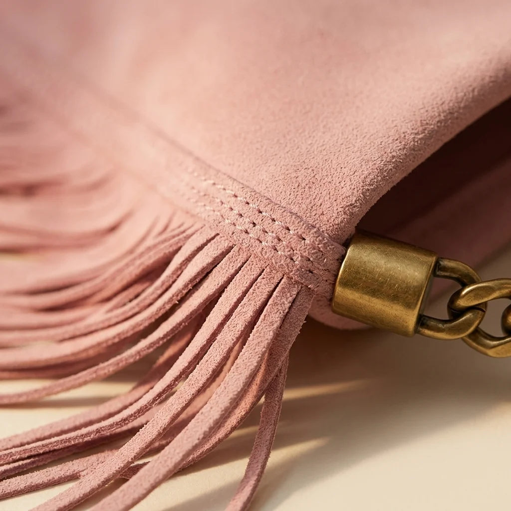 Close-up of fringe stitching and texture on Pink mini fringe shoulder bag