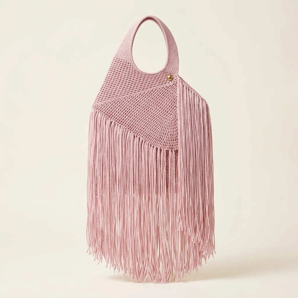 Pink mini fringe shoulder bag, front view