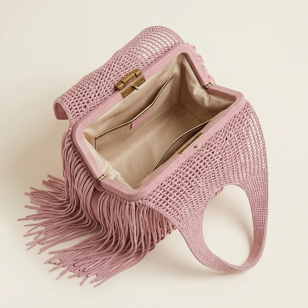 Interior lining and pockets of Pink mini fringe shoulder bag