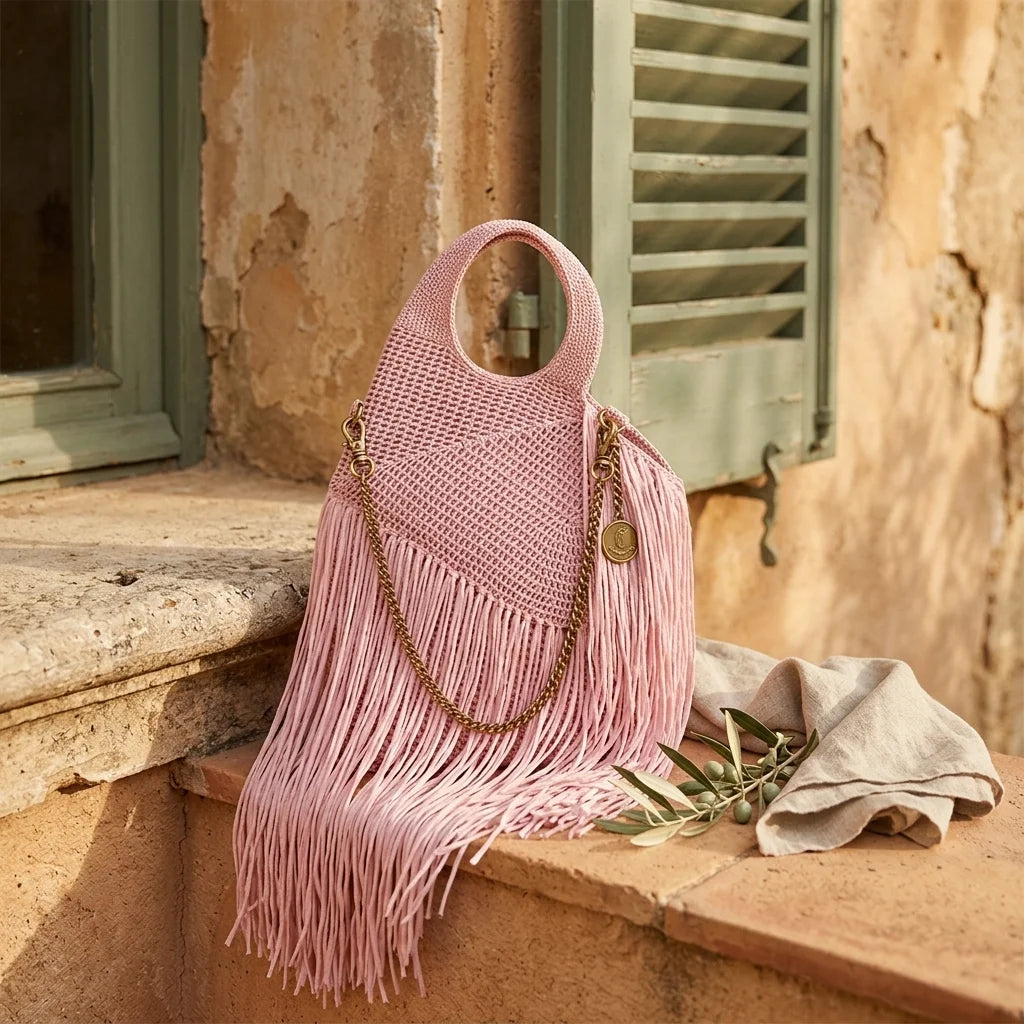 Pink mini fringe shoulder bag styled in a warm Mediterranean setting