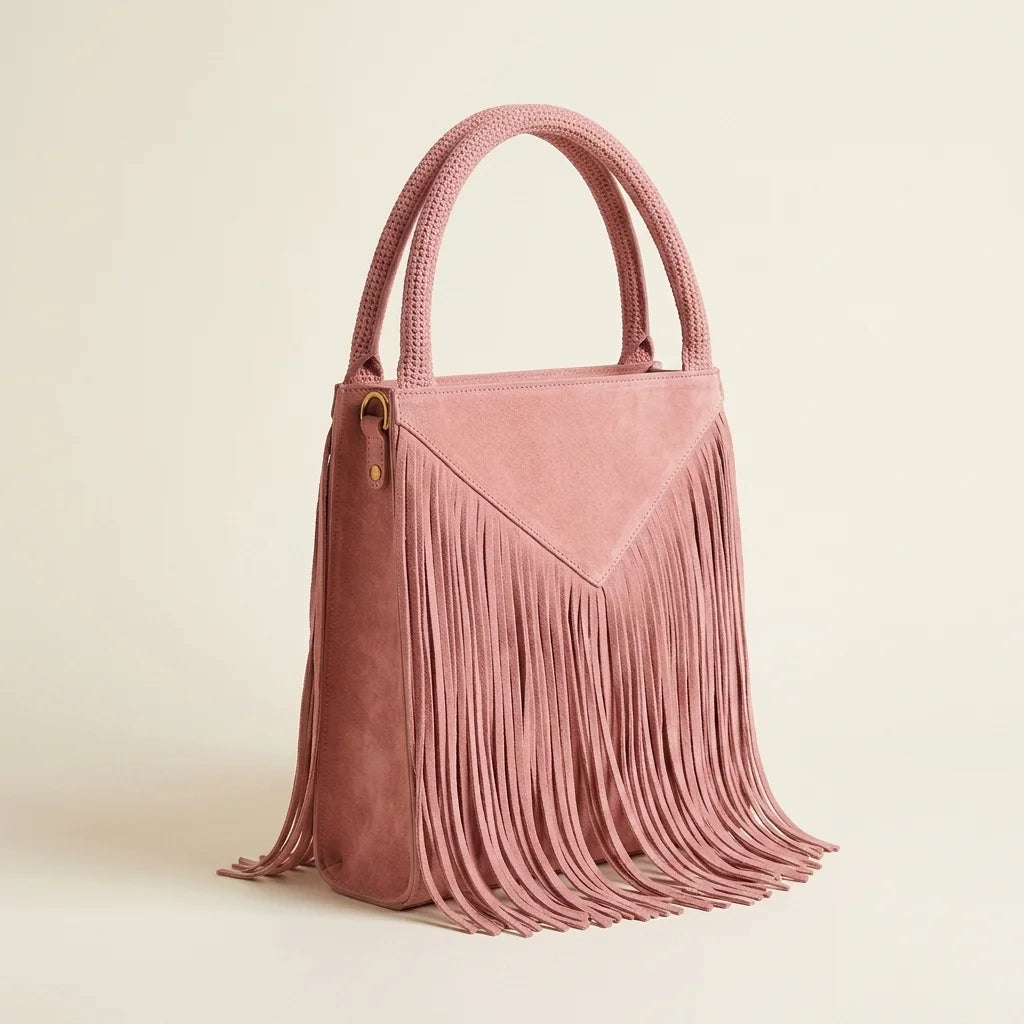 Pink mini fringe shoulder bag, three-quarter angle showing side depth