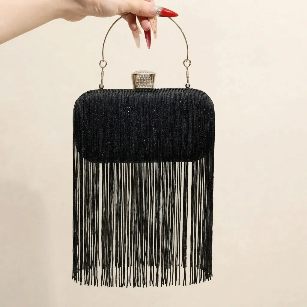 Black Fringe Evening Bag, front view