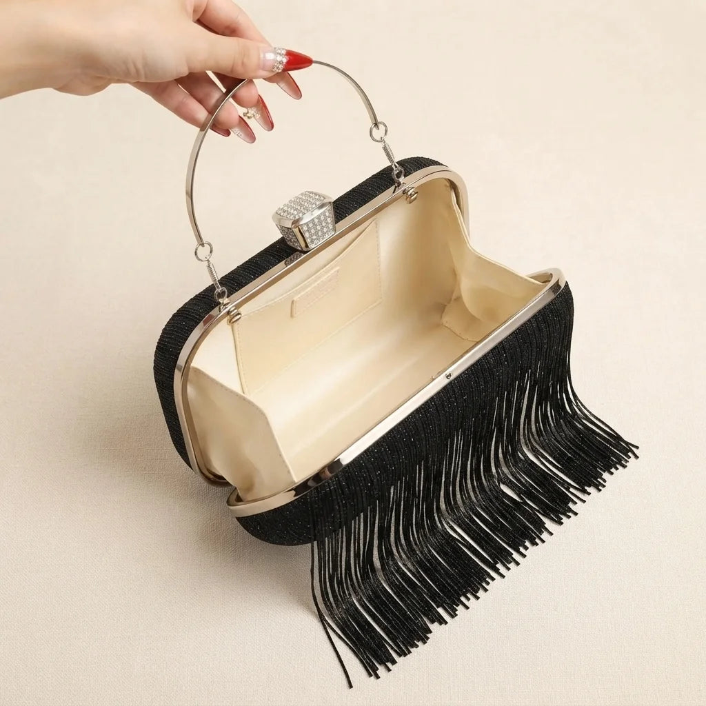 Interior lining and pockets of black fringe evening bag