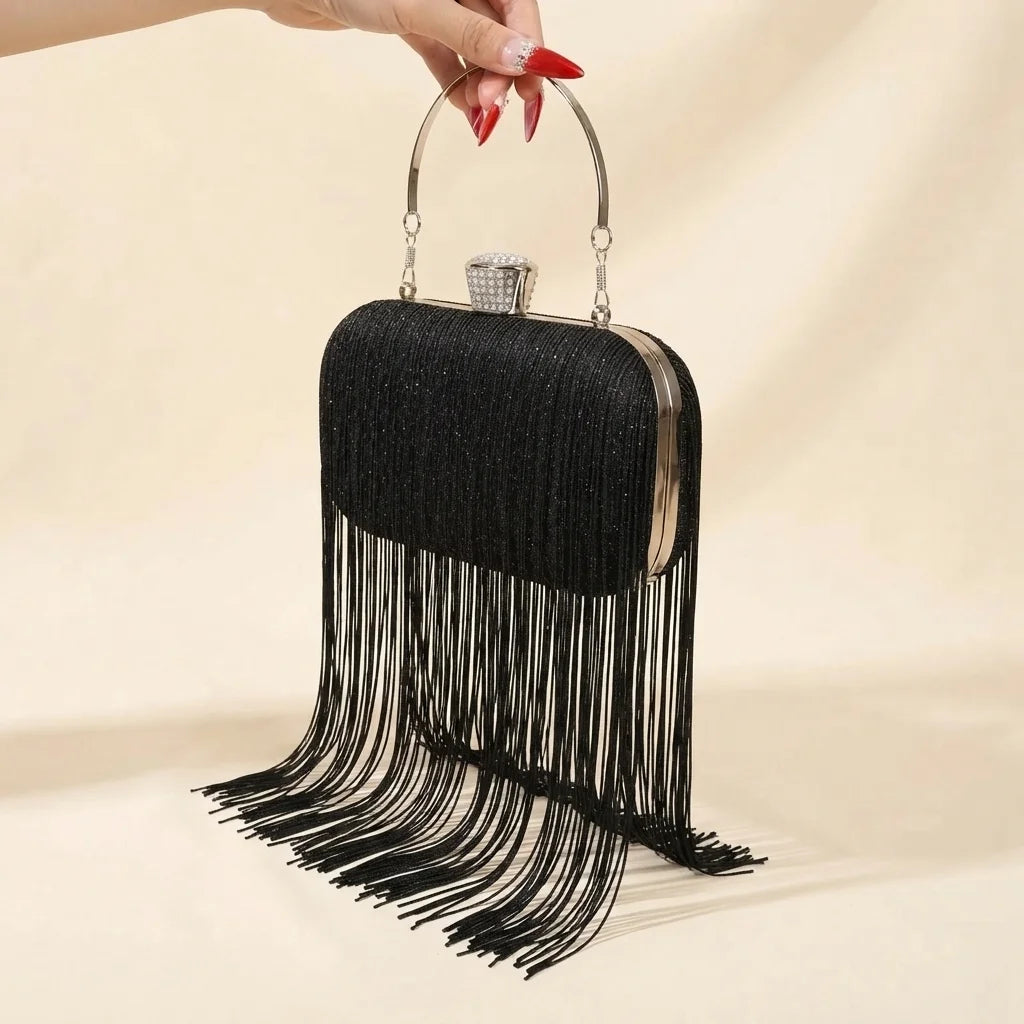 Black Fringe Evening Bag, three-quarter angle showing side depth