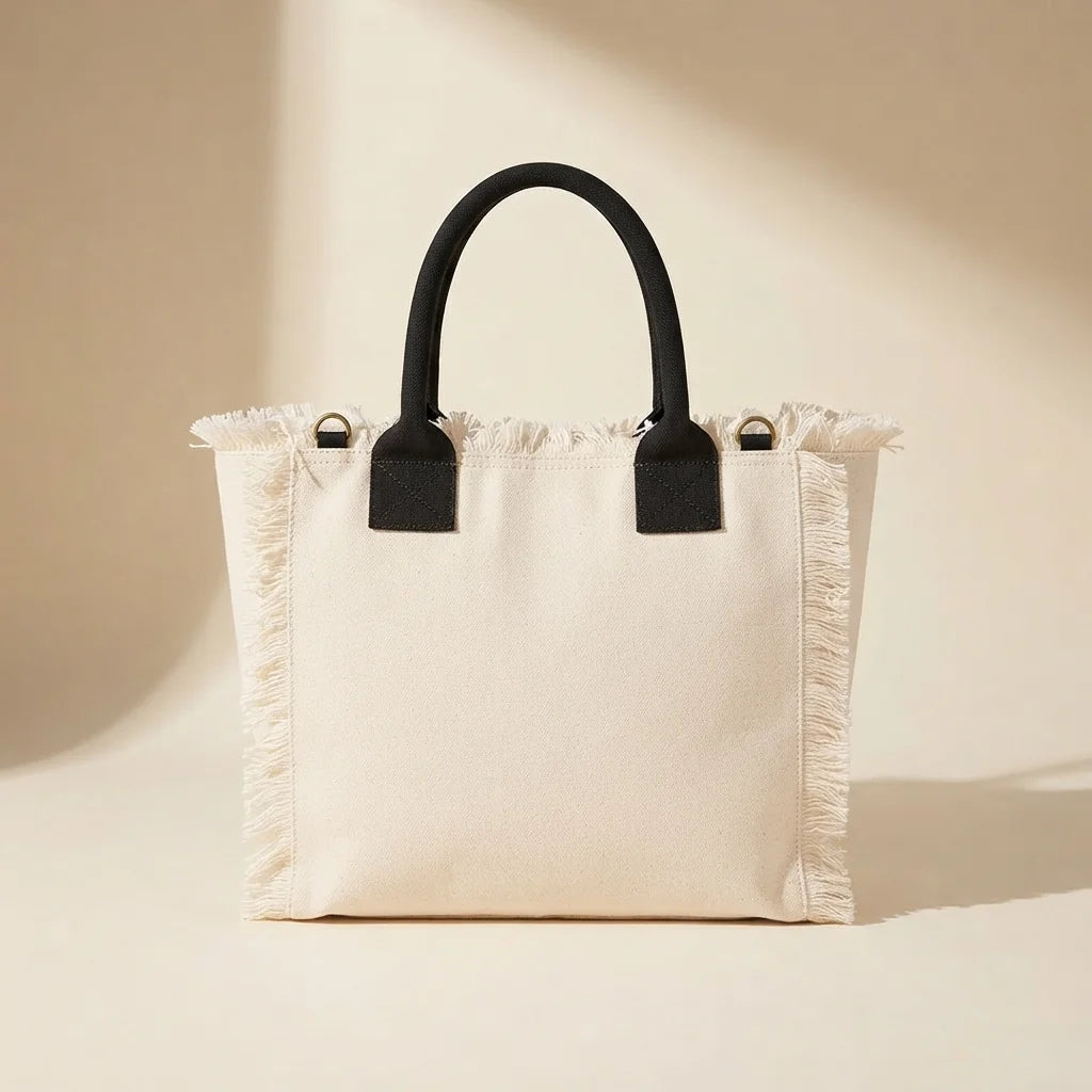 Back panel of Cream oversized beach bag fringe with strap attachments