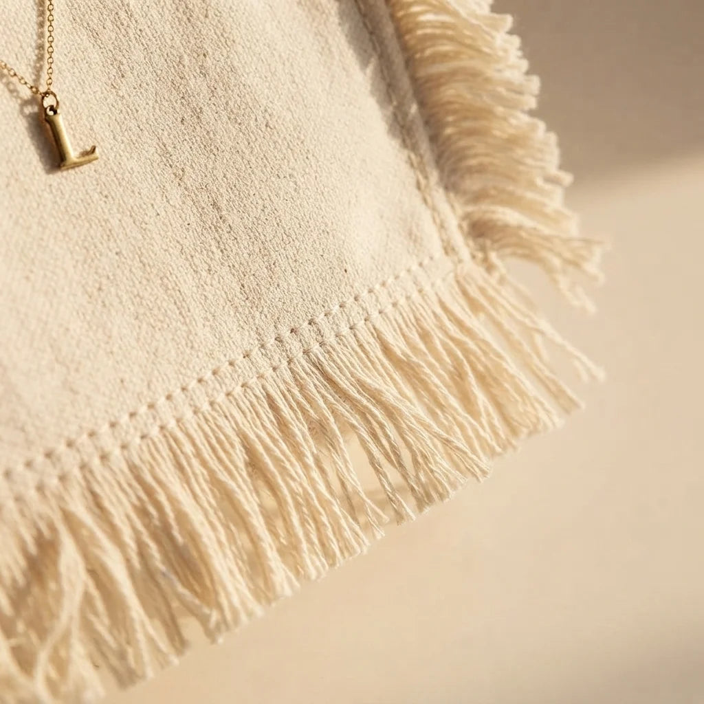 Close-up of fringe stitching and texture on Cream oversized beach bag fringe