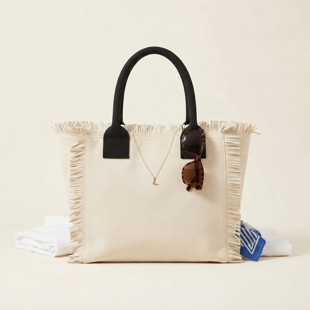 Cream oversized beach bag fringe, front view