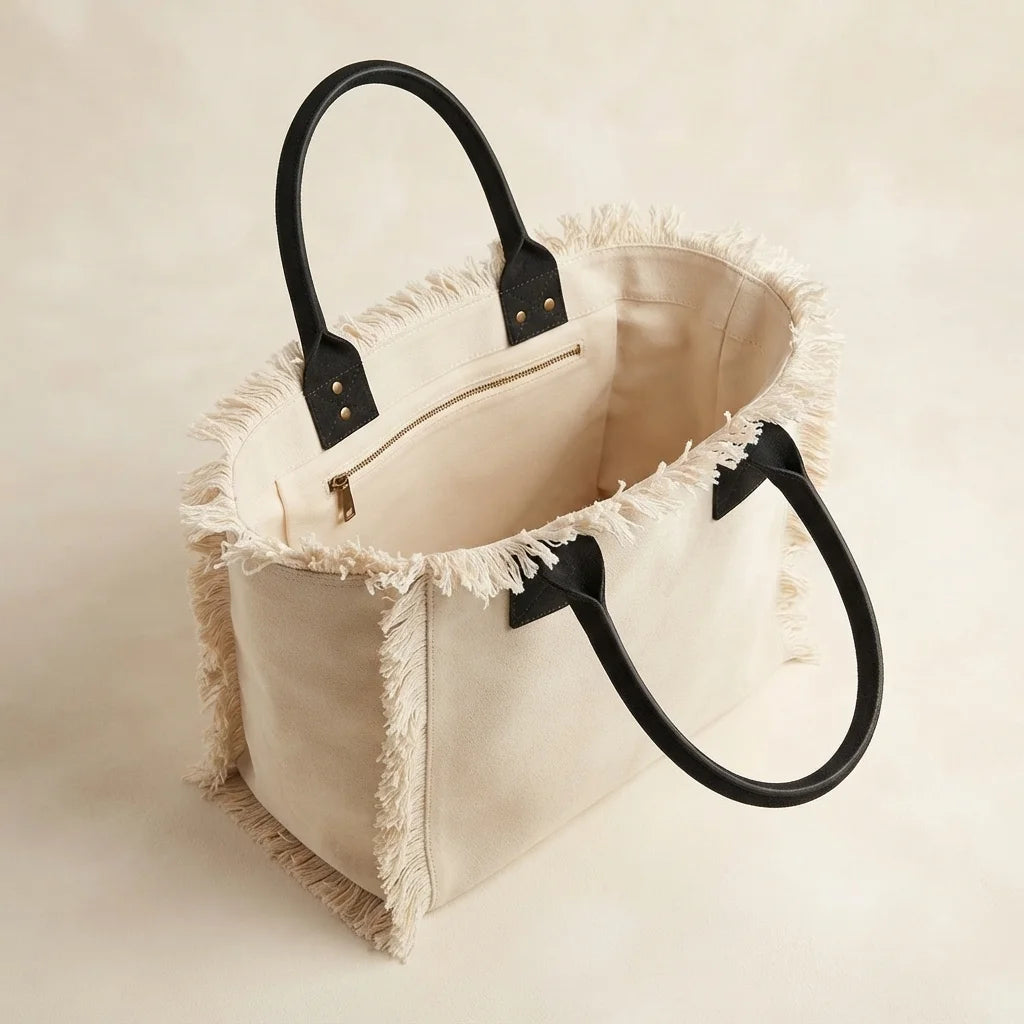 Interior lining and pockets of Cream oversized beach bag fringe