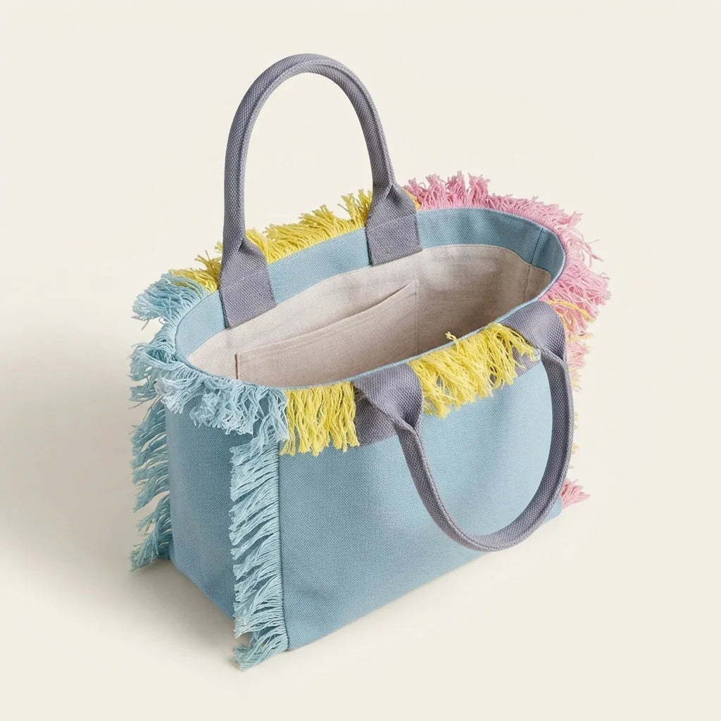 Interior lining and pockets of Light Blue oversized beach bag fringe