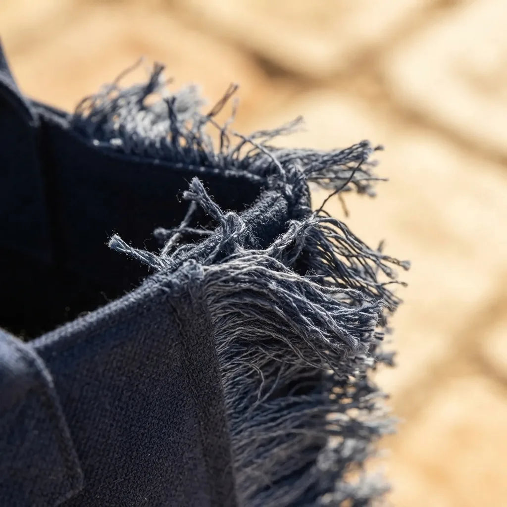 Close-up of fringe stitching and texture on Navy beach bag