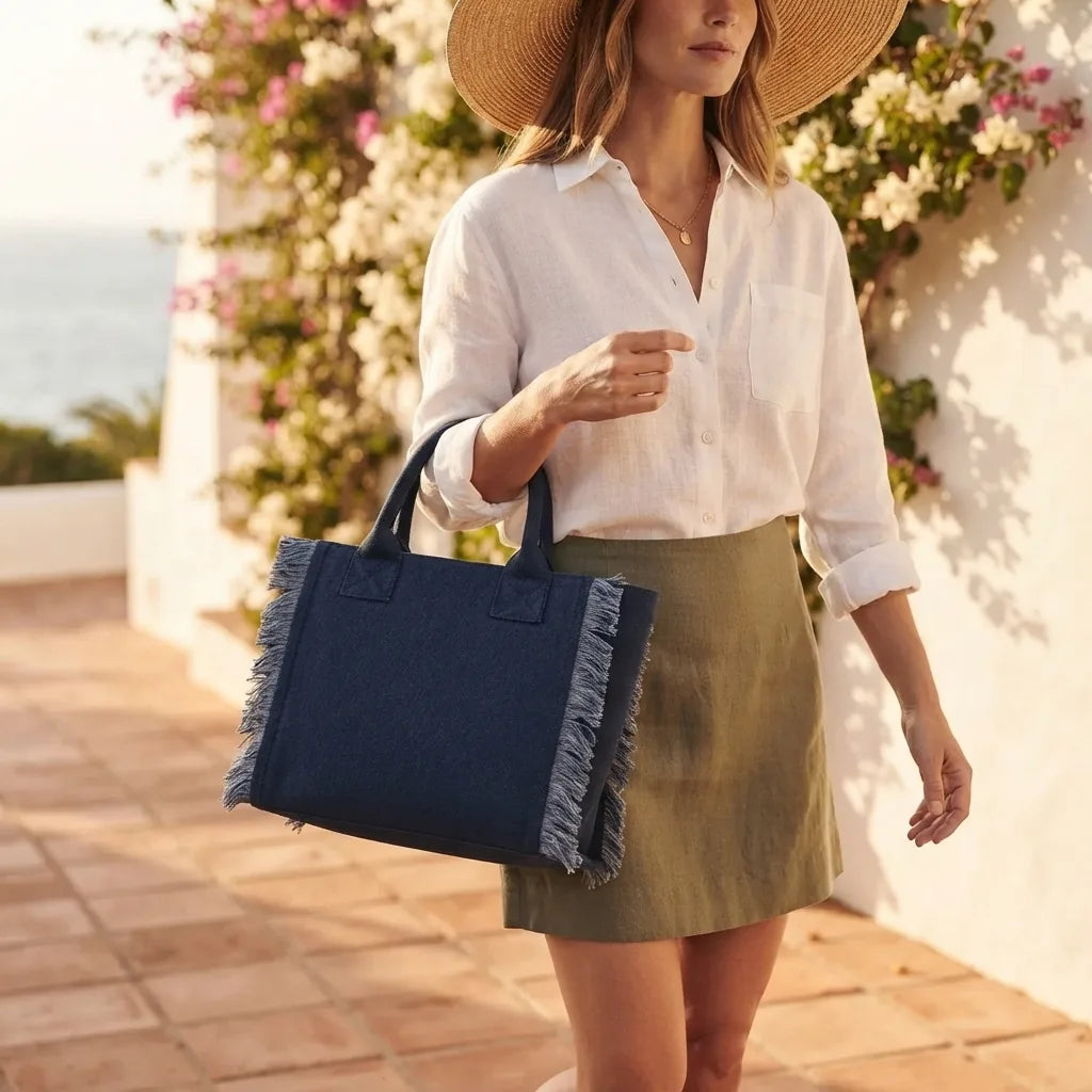 Woman wearing Navy beach bag with swaying fringe