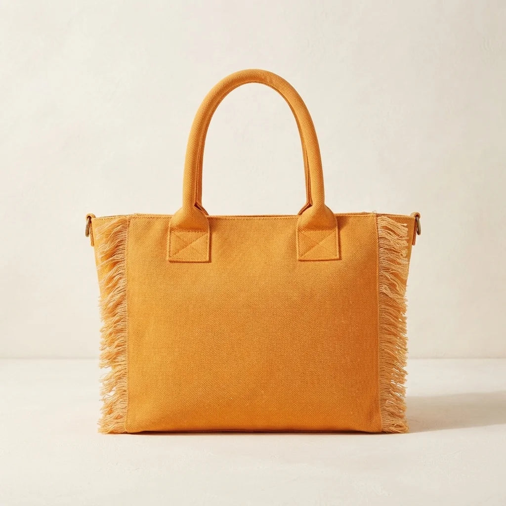 Back panel of Orange oversized beach bag fringe with strap attachments