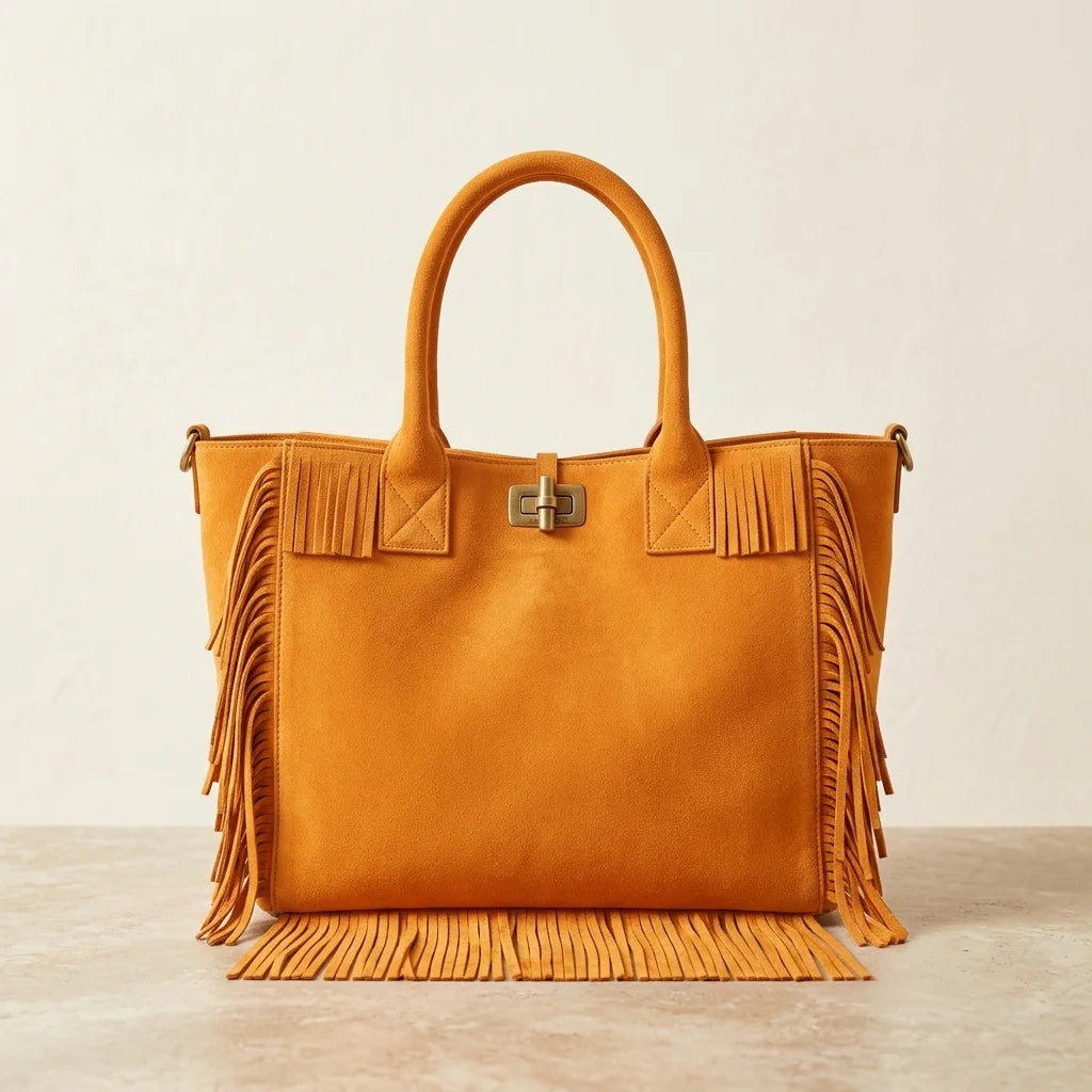 Orange oversized beach bag fringe, front view