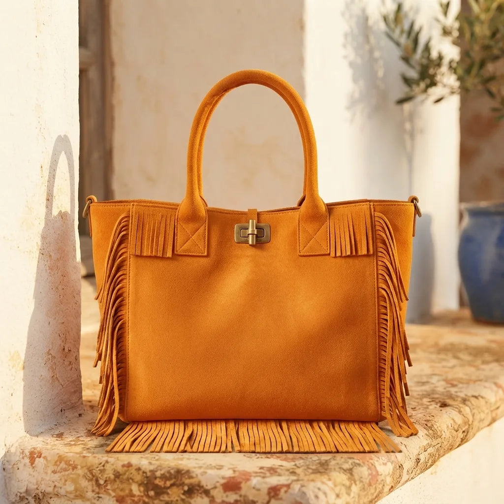Orange beach bag styled in a warm Mediterranean setting