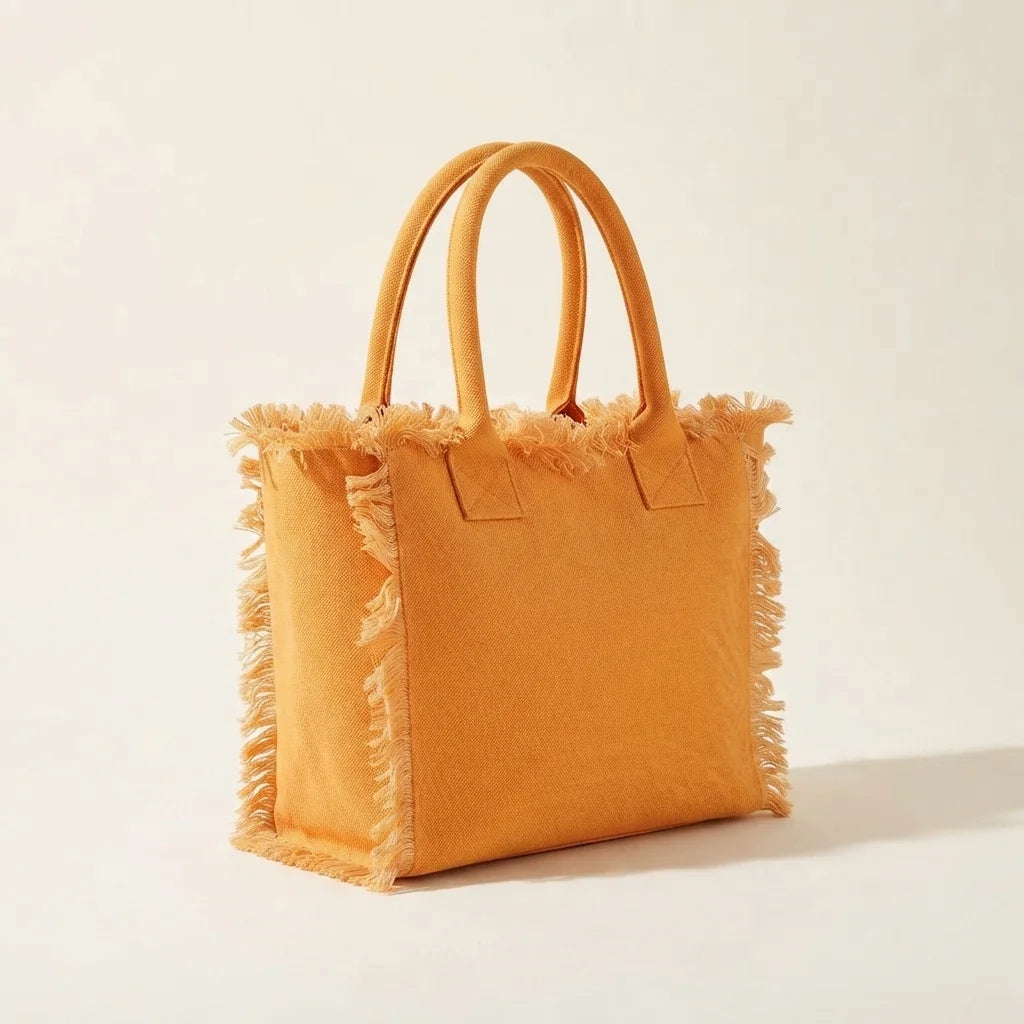 Orange oversized beach bag fringe, three-quarter angle showing side depth