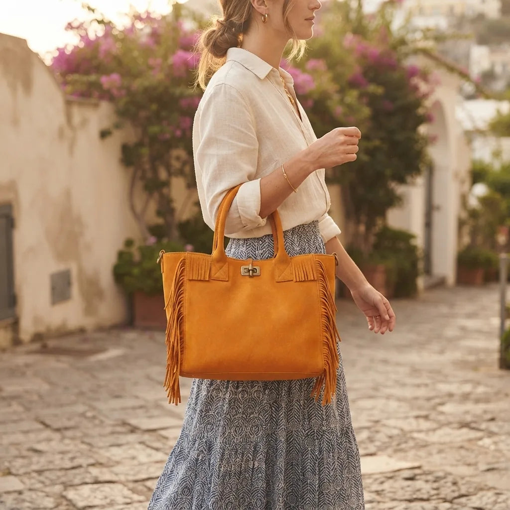 Woman wearing Orange beach bag with swaying fringe
