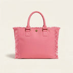 Back panel of Pink oversized beach bag fringe with strap attachments