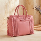 Pink beach bag, three-quarter angle showing side depth