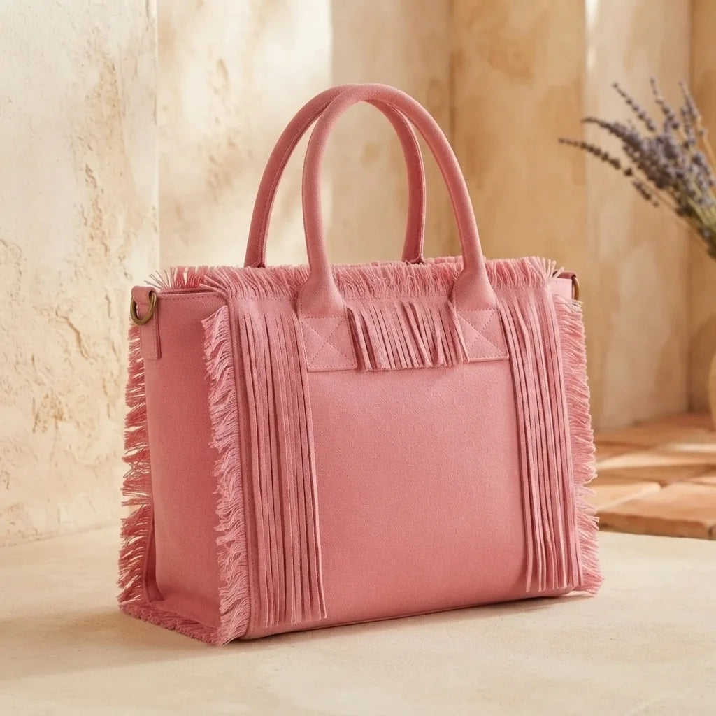 Pink beach bag, three-quarter angle showing side depth
