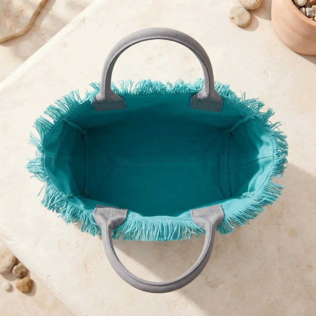 Interior lining and pockets of Turquoise beach bag