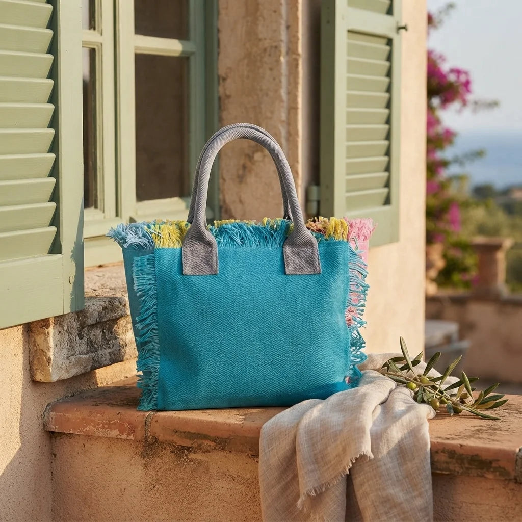 Turquoise oversized beach bag fringe styled in a warm Mediterranean setting