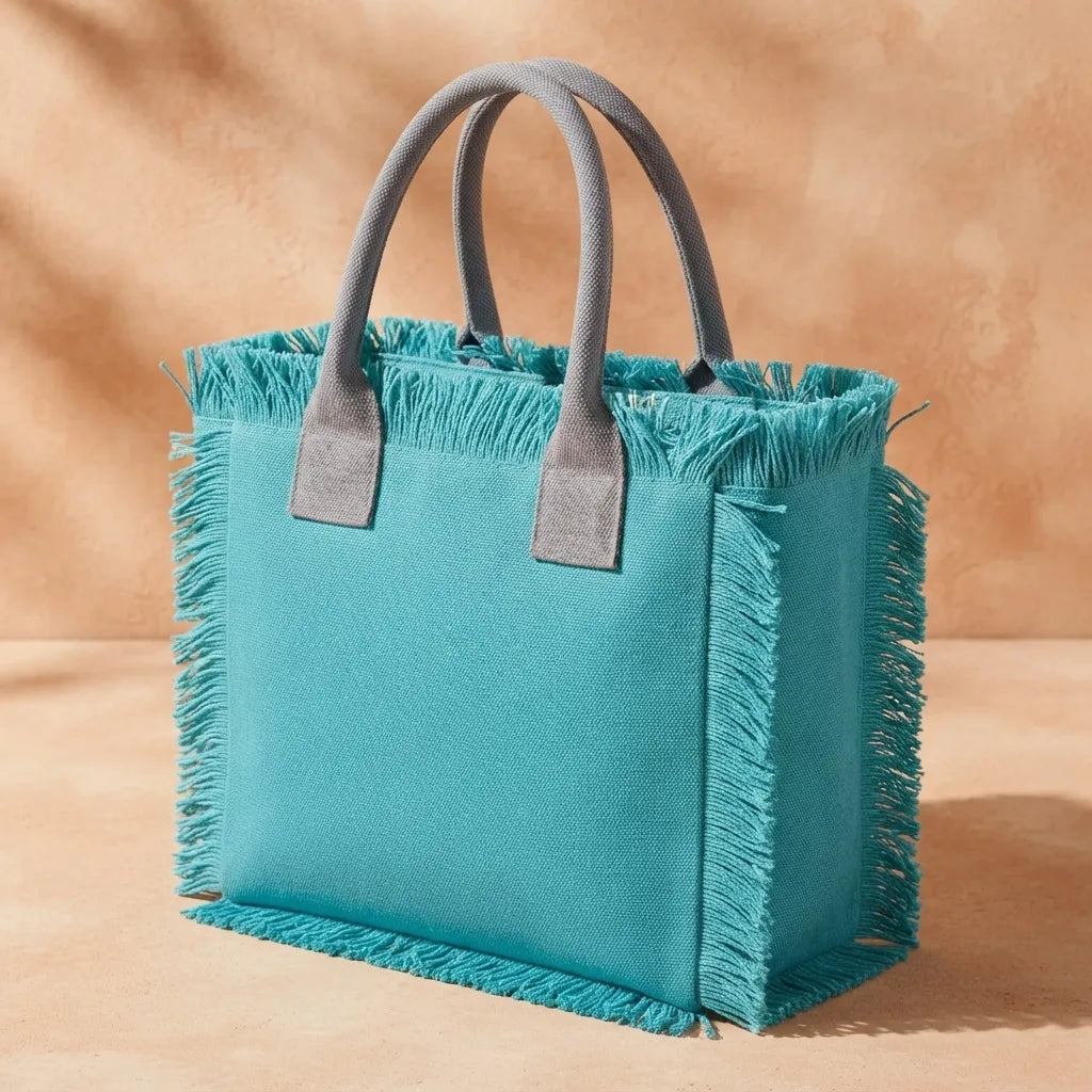 Turquoise beach bag, three-quarter angle showing side depth