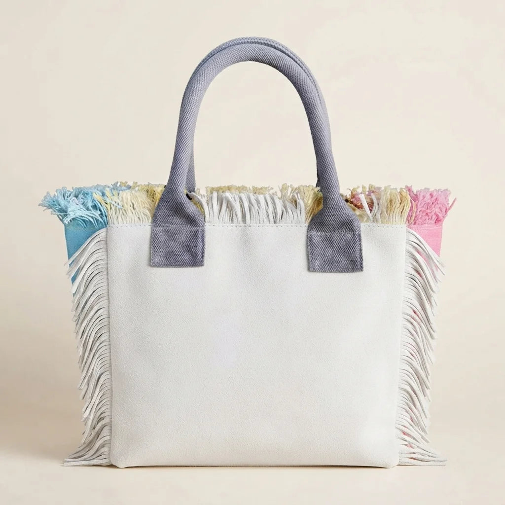 White oversized beach bag fringe, front view