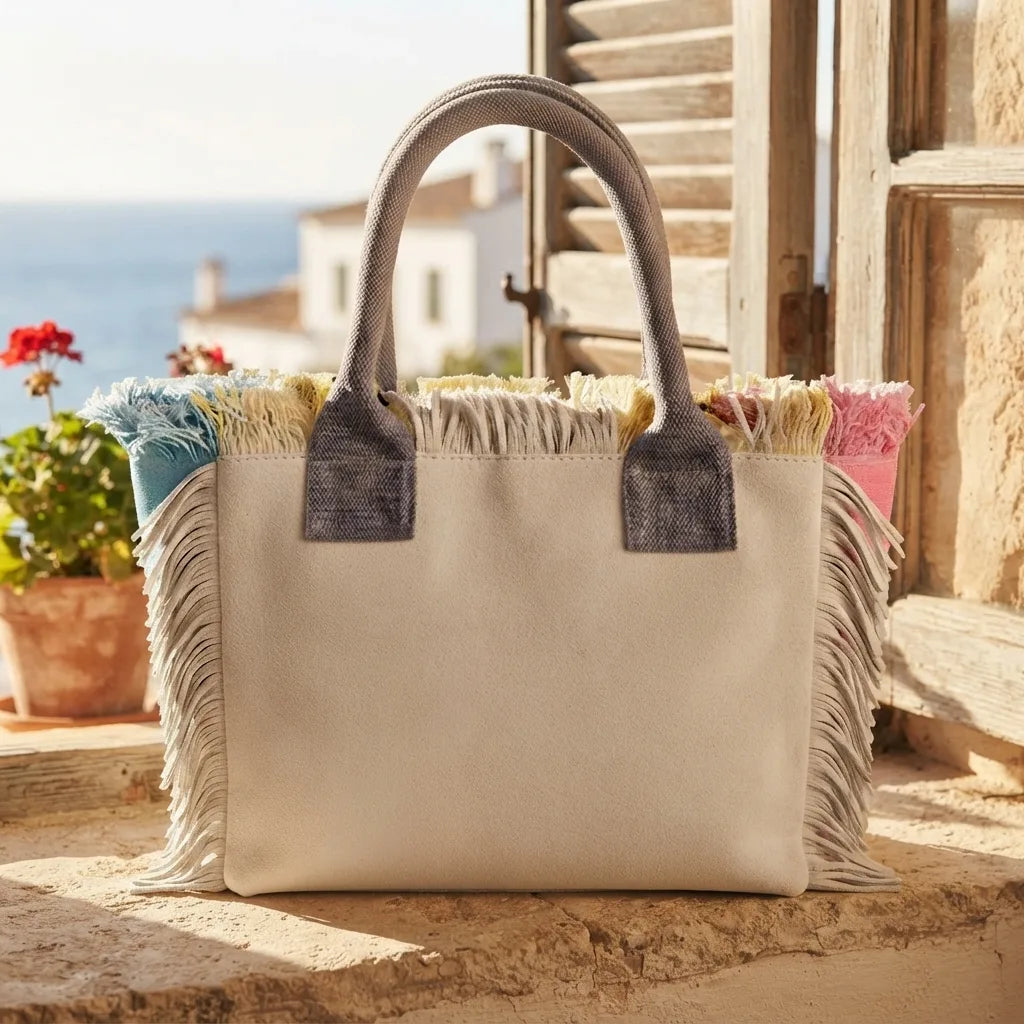 White beach bag styled in a warm Mediterranean setting