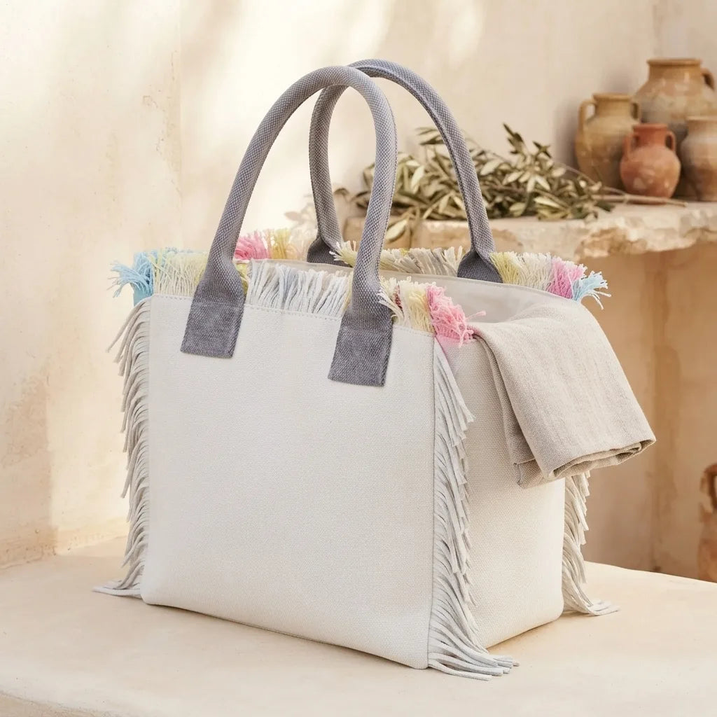 White beach bag, three-quarter angle showing side depth