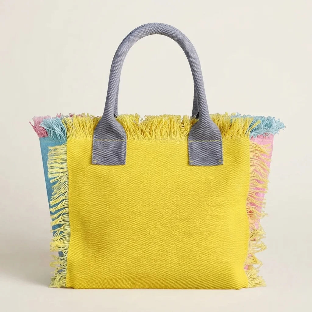 Back panel of Yellow oversized beach bag fringe with strap attachments