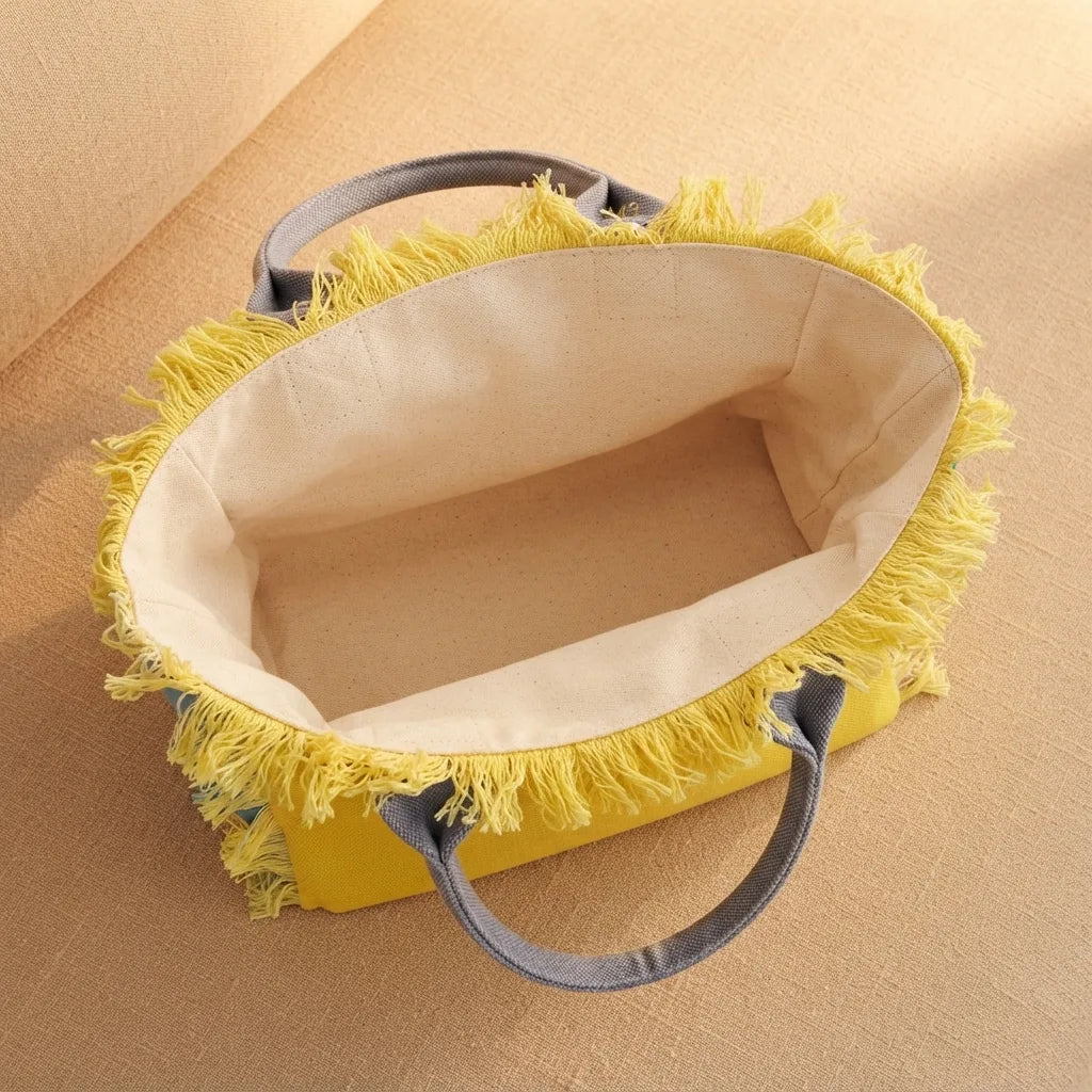Interior lining and pockets of Yellow beach bag