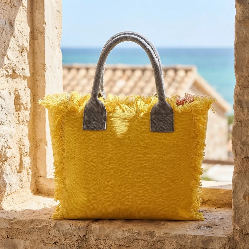 Yellow beach bag styled in a warm Mediterranean setting