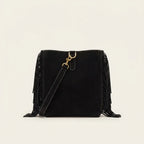 Back panel of Black oversized fringe bag with strap attachments