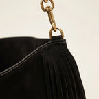 Close-up of fringe stitching and texture on Black oversized fringe bag
