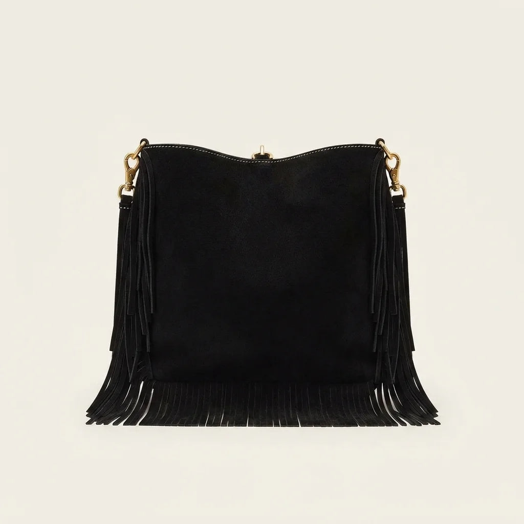 Black oversized fringe bag, front view