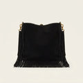 Black oversized fringe bag, front view